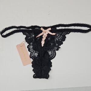Black Lace Thong with Pink Bow